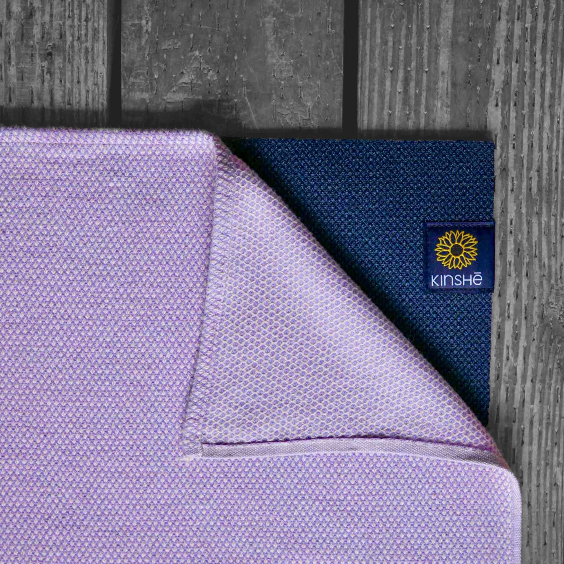 An Iris purple color swatch of Kinshe Yoga's 100 % premium Turkish cotton yoga towel. Sold as the "Earthtowel," it's strong, absorbent and green certified by Oeko-Tex. This yoga towel doubles as a soft meditation blanket.